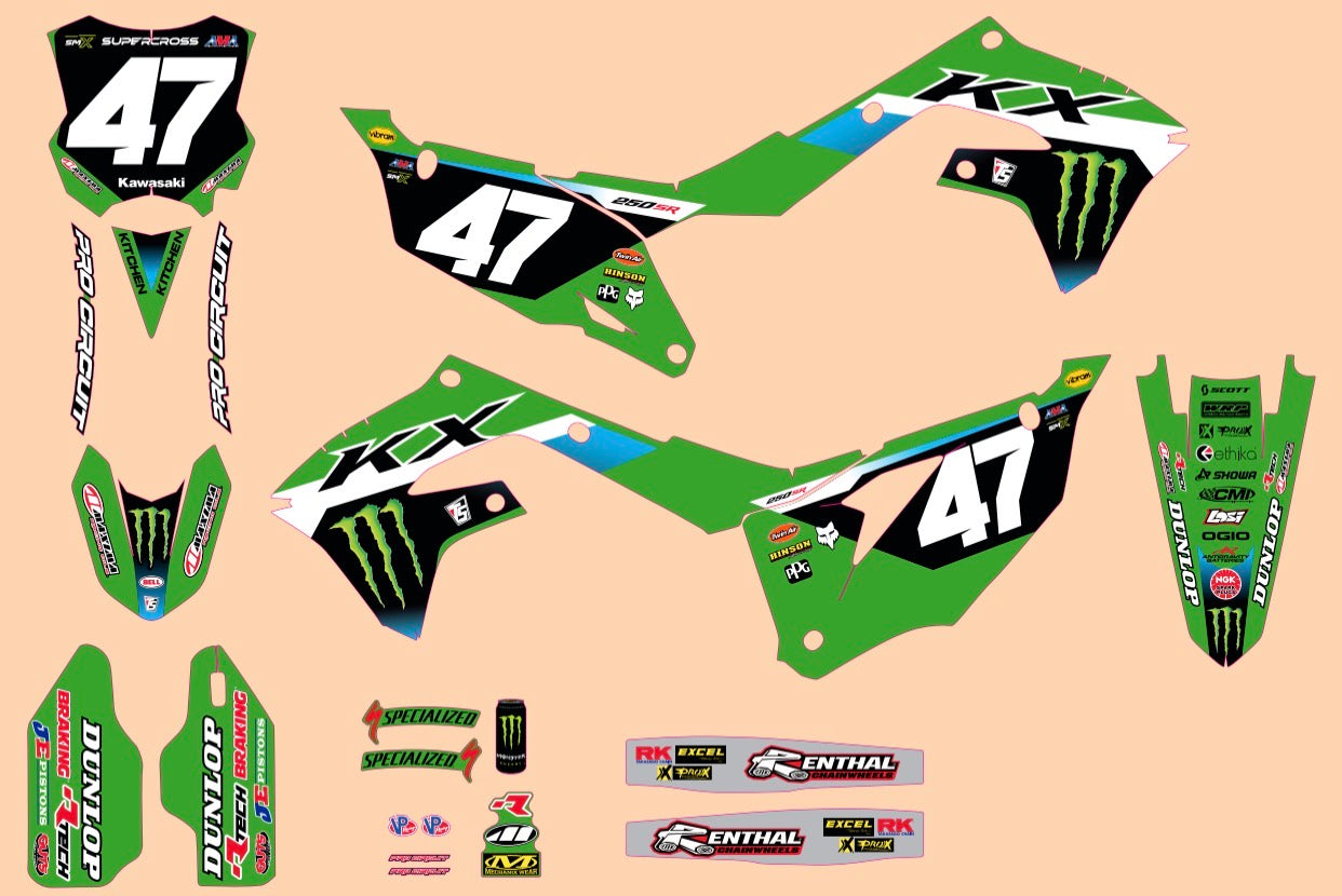 絵画 flk046250 KAWASAKI GRAPHICS KIT 21-24 KX250 19-23 KX450 PRO CIRCUIT RACE