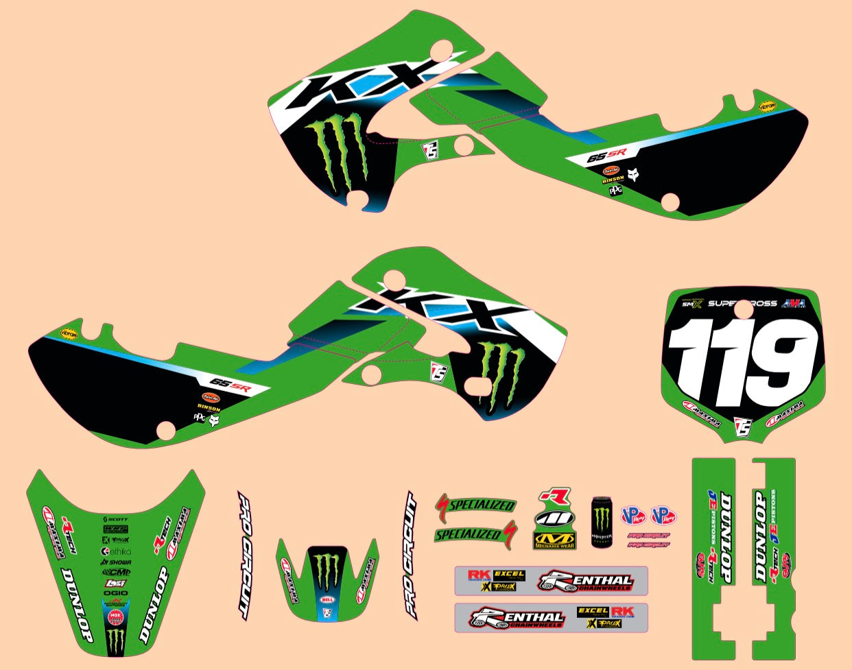 KAWASAKI 01-26 KX 65 02-09 KLX110 GRAPHICS PRO CIRCUIT RACE TEAM